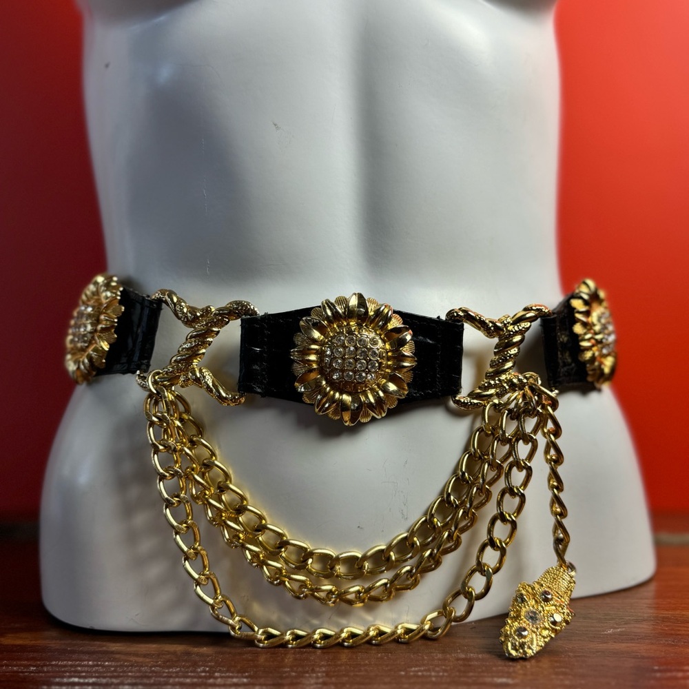 Vintage Lady Captiva Black Leather Belt with Gold Chains